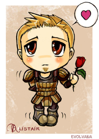 Adorable chibi version of Alistair, my game husband from Dragon Age: Origins, by Evolvana on DeviantArt. Click the picture for the link. Isn't he so adorable you just want to pinch his little cheeks and feed him cheese?