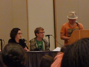 Margaret Dunlap, Hank Green and Bernie Su at the LIzzie Bennet Diaries Writers Panel. Also my last picture of the con. Turns out one handed photography plus volunteering a lot does not make for tons of pictures. Sorry!